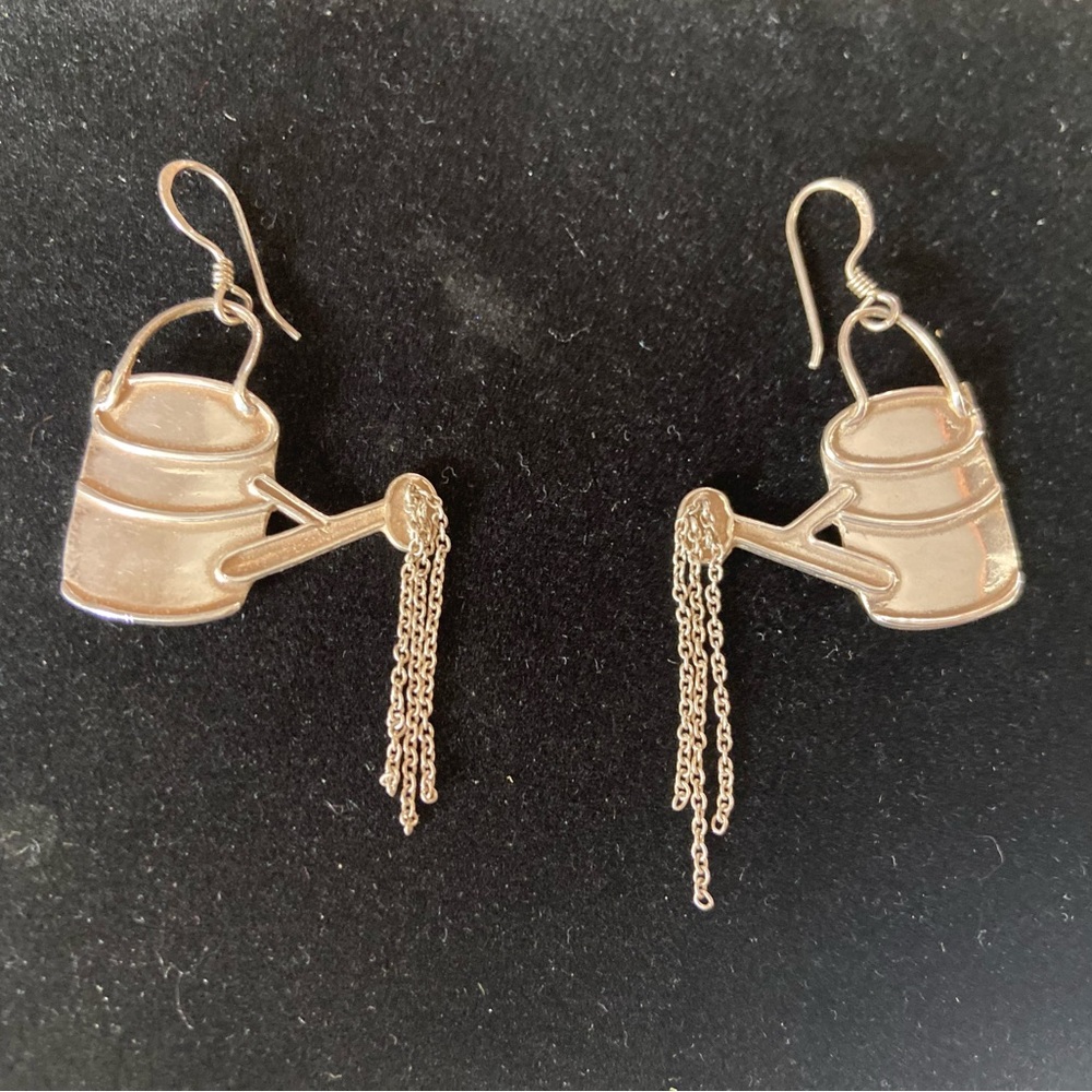 Meow Sterling Silver 925 Marked Watering Can Pierced Dangle Earrings Gardening